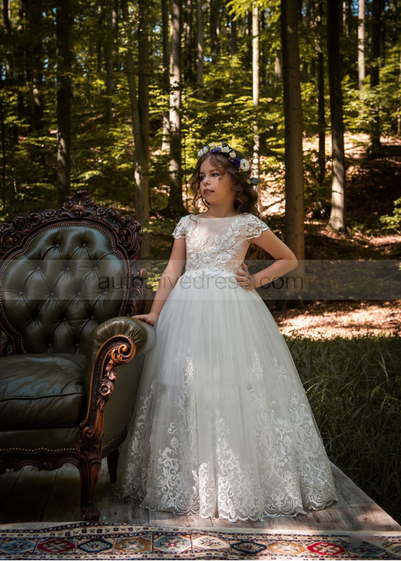 Cap Sleeves Ivory Lace Tulle Floor Length Flower Girl Dress Holiday Dress